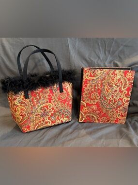Red Paisley Tote with Black Feather Trim and matching photo album